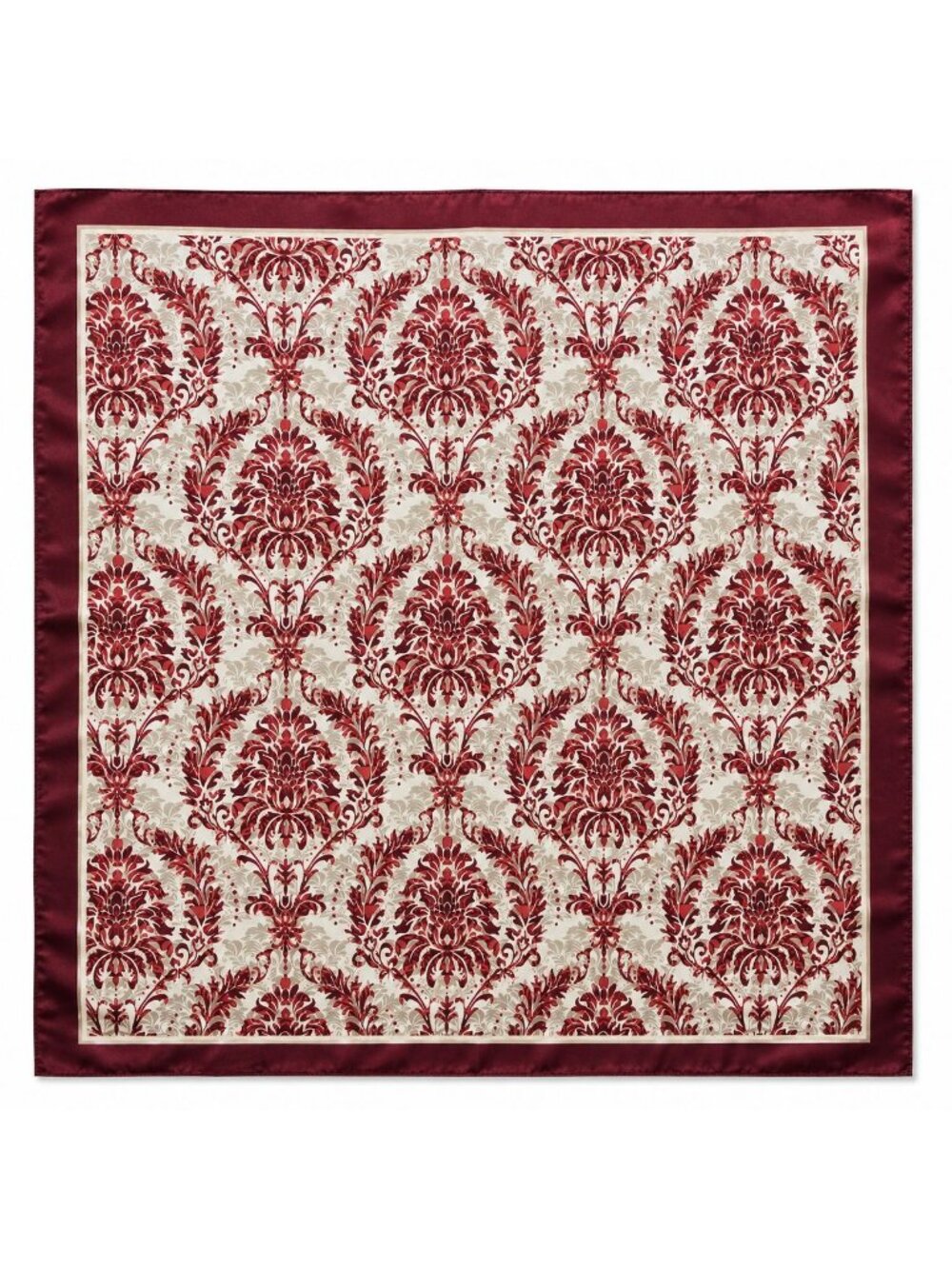 Burgundy Cream Damask Wild Rag Scarf 35x35 Satin Polyester Western
